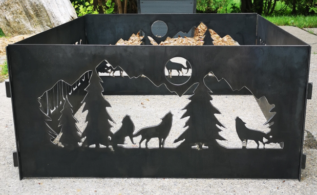 Iron Forest Design & Fabrication. St Marys, Ontario. Fire ring with wolves cut out.